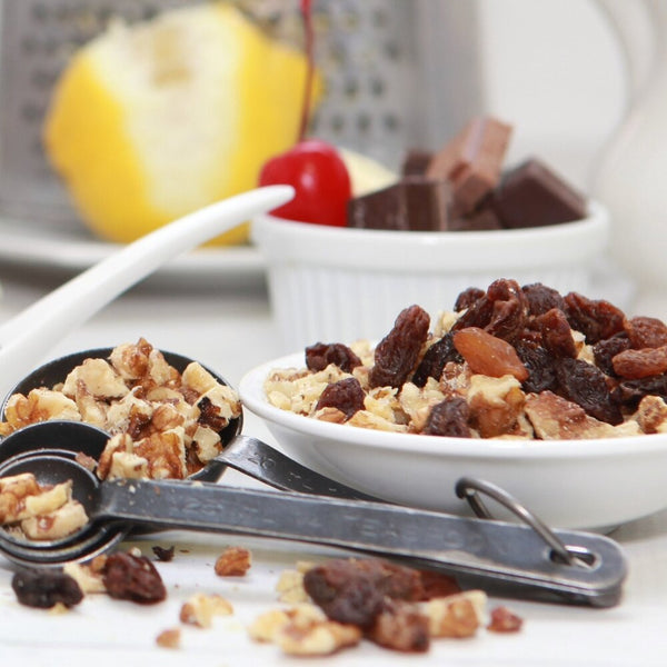 Healthy Dark Chocolate and Cacao nibs with dried fruits, nuts and grated lemon