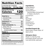 Good King Love Organic Caramelized Snacking Cacao Beans Nutrition and Ingredients Label