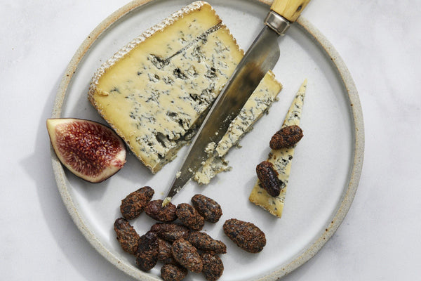 Creamy Blue Cheese with Lightly Caramelized, Cinnamon-Spiced Cacao Beans and Fresh Figs