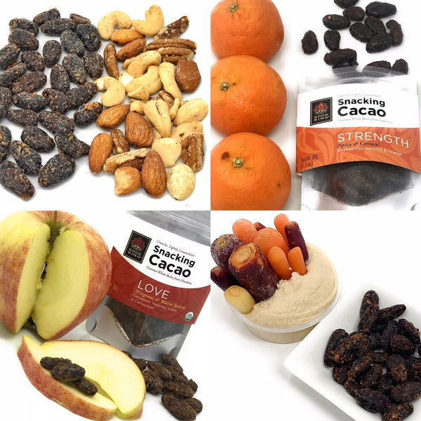 Snacking Cacao compared to other Healthy Snacks - Mixed Nuts, Cuties, Apple, Carrots and Hummus