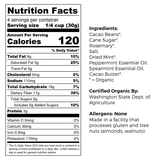 Good King Joy Organic Snacking Cacao - Mint, Rosemary and Sea Salt Nutrition and Ingredients Label