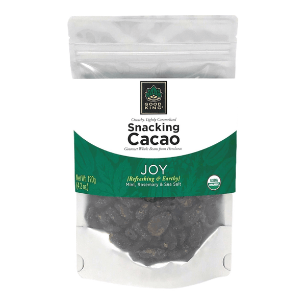 Good King Joy Snacking Cacao - Organic, Whole, Peeled, Cacao Beans Lightly Caramelized with Mint, Rosemary and Sea Salt in 120g bag