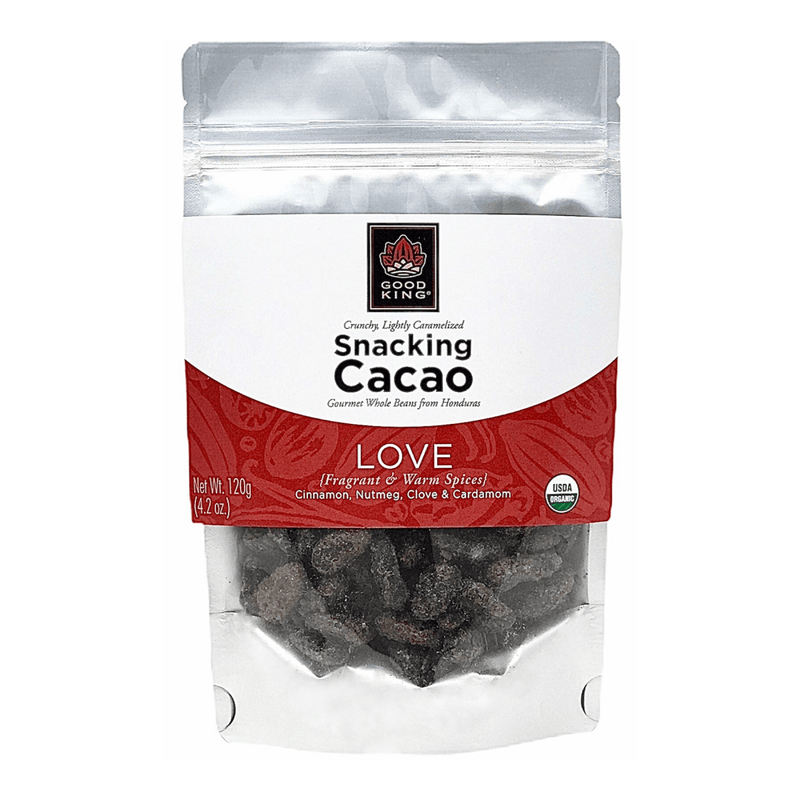 Good King Love Organic Cacao Bean Snack - Crunchy, Lightly Caramelized with Cinnamon, Nutmeg, Clove, and Cardamom in a 120g bag.